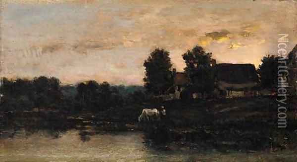 Cattle watering in a twilight landscape Oil Painting - Charles-Francois Daubigny