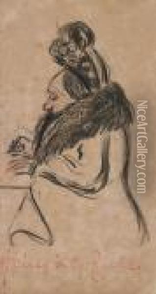 Alte Dame In Pelzbesetztem Mantel, An Einem Tisch Sitzend Oil Painting - Heinrich Zille