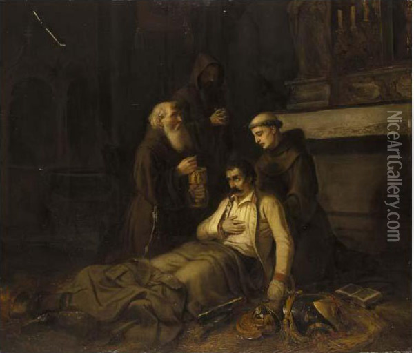 A Wounded Soldier Receiving The Last Rites Oil Painting - Karl Joseph Litschaur