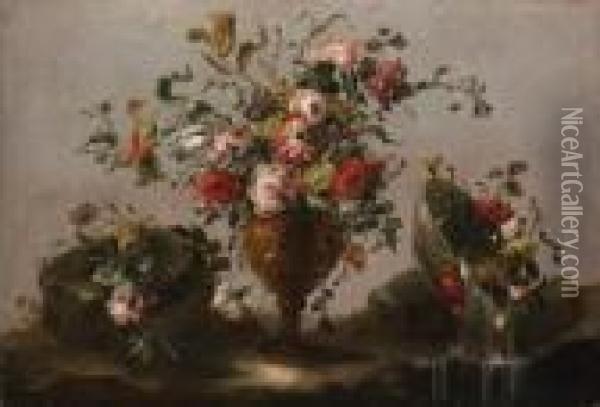 Parrot Tulips, Roses And Other 
Flowers In An Urn, Flowers In A Bowlwith Water Spilling Out And A Bunch 
Of Flowers On A Rockybank Oil Painting - Francesco Guardi