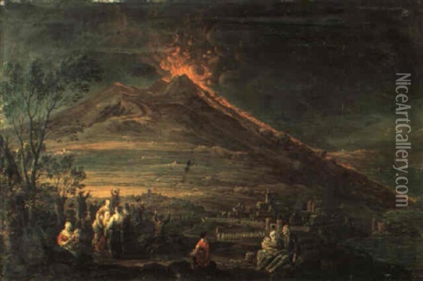 Capriccio Con L'eruzione Del Vesuvio, Con Una Citta Cinta Da Mura Oil Painting - Hendrick Frans van Lint