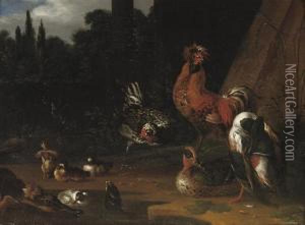 Roosters And Ducks Near A Pool In A Landscape Oil Painting - Pieter Van Mase