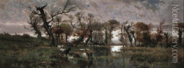Buffalo In A Wooded River Landscape Oil Painting - Pietro Barucci