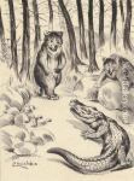 A Meeting Between Two Bears And An Alligator Oil Painting - Louis William Wain