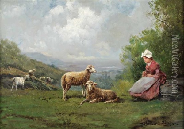 Bergere Et Son Troupeau Oil Painting - Theodore Levigne