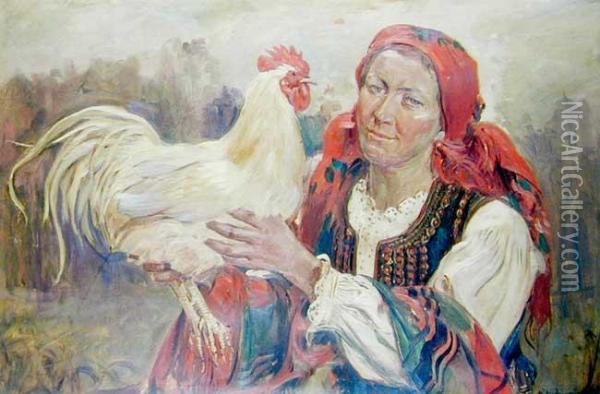 Dziewczyna Z Kogutem Oil Painting - Wincenty Wodzinowski