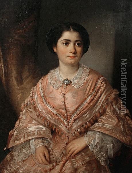 Portrait Of A Young Woman, Seated, Wearing A Pink Dress Oil Painting - Aristides Oeconomo