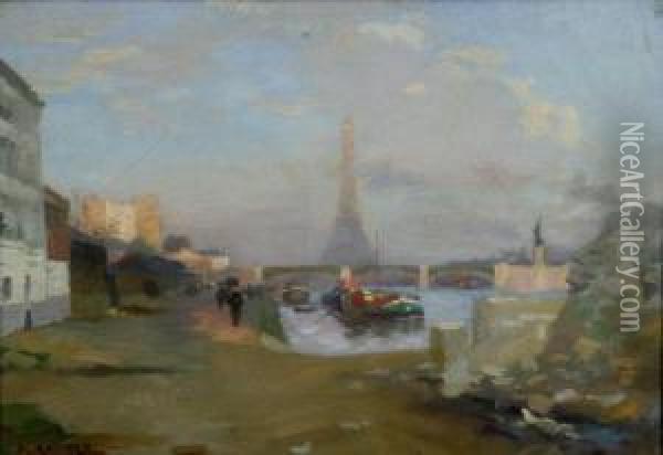 Le Pont De Grenelle Et La Tour Eiffel Oil Painting - Jules Ernest Renoux