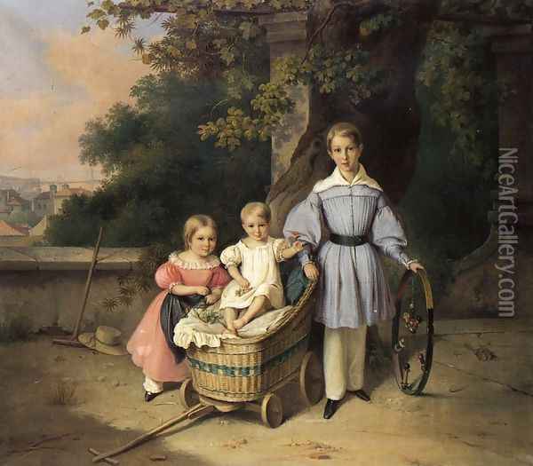 Children on a Balcony, Trieste in the Distance Oil Painting - August Anton Tischbein