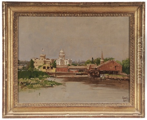 View Of A City, Likely Hackensack, New Jersey (bergen County Courthouse And Jail), Circa 1912 Oil Painting - Gilbert Gaul