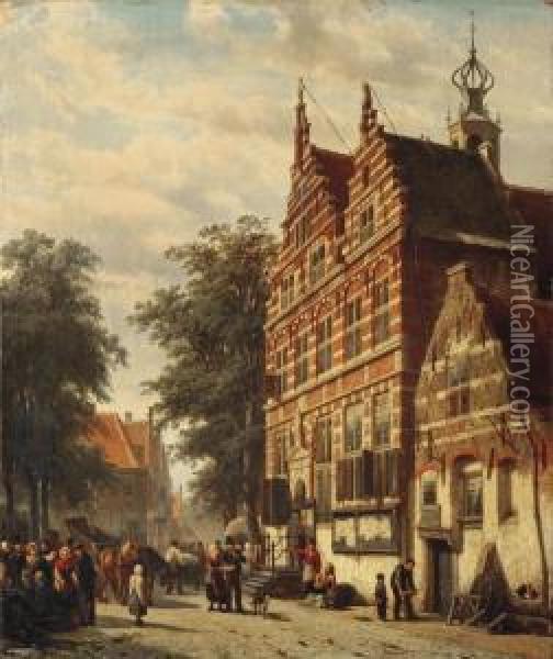 The City Hall And Market Square Of Naarden Oil Painting - Cornelis Springer