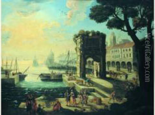 Marchands Deballant Leur Cargaison Dans Un Port Mediterranneen Oil Painting - Adriaen Van Der Kabel