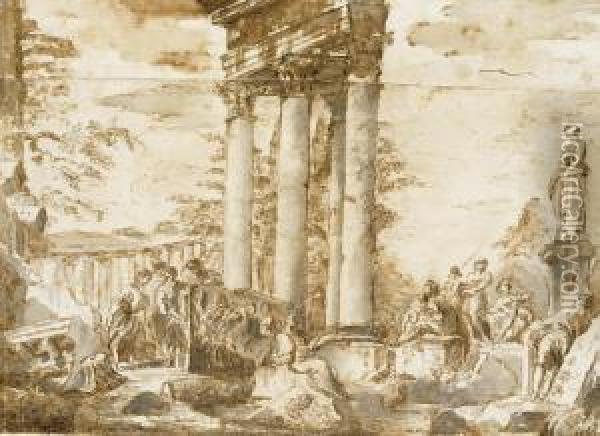 A Capriccio With Figures Among Classical Ruins And Statues Oil Painting - Francesco Panini