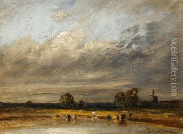 Cattle In Panoramic Polder Landscape With Approaching Heavy Weather Oil Painting - Jules Dupre