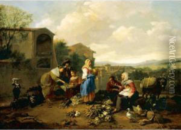 A Market Scene In An Italianate Landscape Oil Painting - Hendrick Mommers