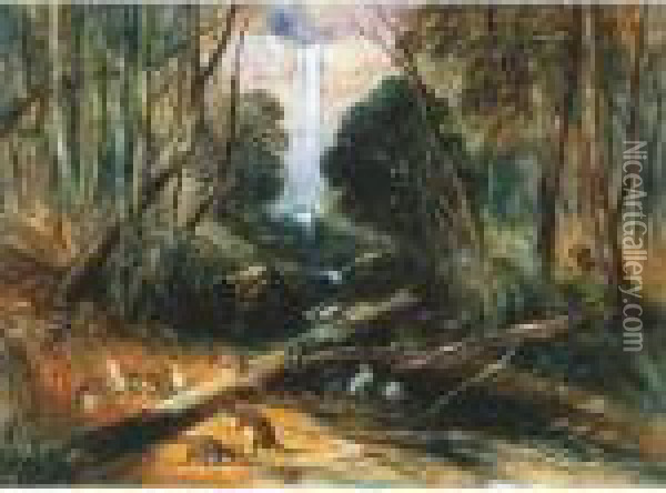 Aborigine Stalking - Willoughby Falls, New South Wales Oil Painting - John Skinner Prout