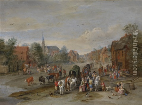 Dorfstrasse Mit Pferdefuhrwerken Und Zahlreichen Personen Oil Painting - Jan Brueghel the Elder