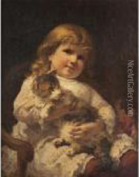 Young Girl With A Cat Oil Painting - Frederick Arthur Bridgman