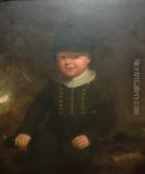 Portrait Of A Dutch Boy, Seated Three-quarter-length In A Landscape Oil Painting - Sir William Beechey