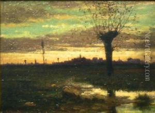 Golden Sunset Over Boston Oil Painting - Enrico Meneghelli