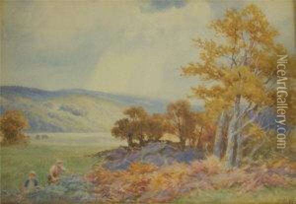 Landscapewith Blackberry Pickers, With Trees And Hills Beyond Oil Painting - John Bates Noel