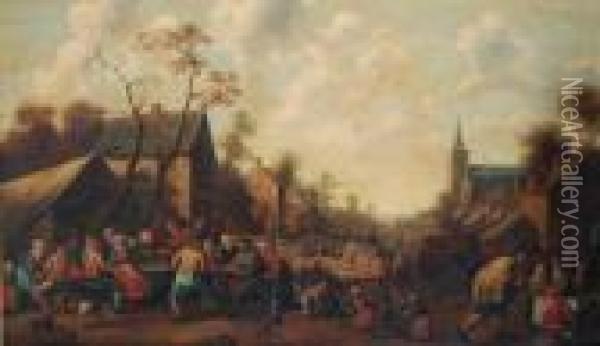 Peasants Drinking And Eating At Tables In A Village Street Oil Painting - Joost Cornelisz. Droochsloot