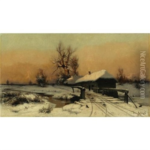 House In Winter Oil Painting - Yuliy Yulevich (Julius) Klever
