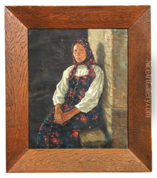 Study Of A Russian Peasant Girl In Floral Scarf And Dress Oil Painting - Filip Malyavin