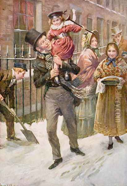 Bob Cratchit and Tiny Tim Oil Painting - Harold Copping