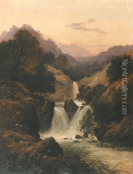 Bergige Landschaft Mit Wasserfall, Vermutlich Im Schottischen Hochland Oil Painting - George (9th Earl of Carlisle) Howard