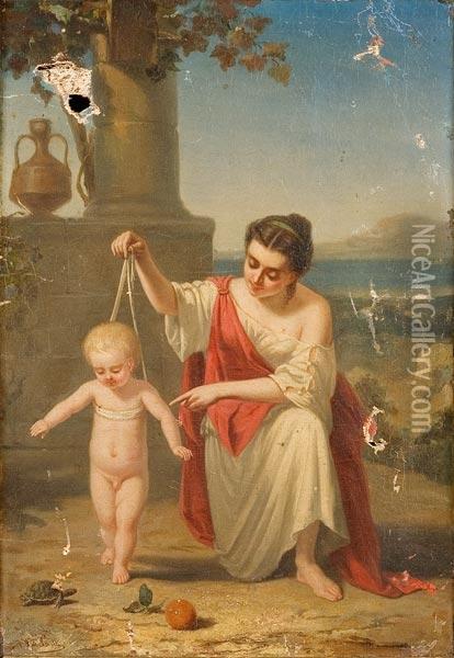 I Primi Passi. Olio Su Tela Oil Painting - Auguste de Pinelli