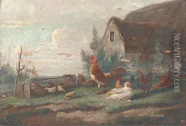 Chickens in a farmyard Oil Painting - Cornelis van Leemputten