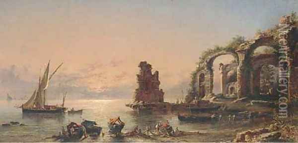 Fisherfolk at the ruins Oil Painting - John Linton Chapman