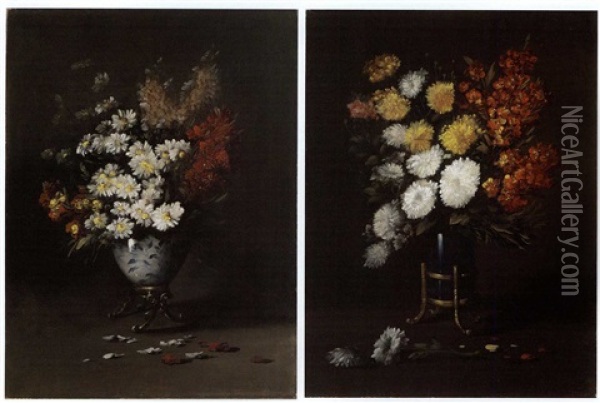 Still Lifes With Assorted Flowers (pair) Oil Painting - Germain Theodore Ribot