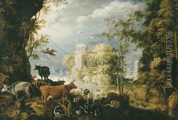A wooded landscape with cows, birds and other animals by a lake, with a village beyond Oil Painting - Roelandt Jacobsz Savery
