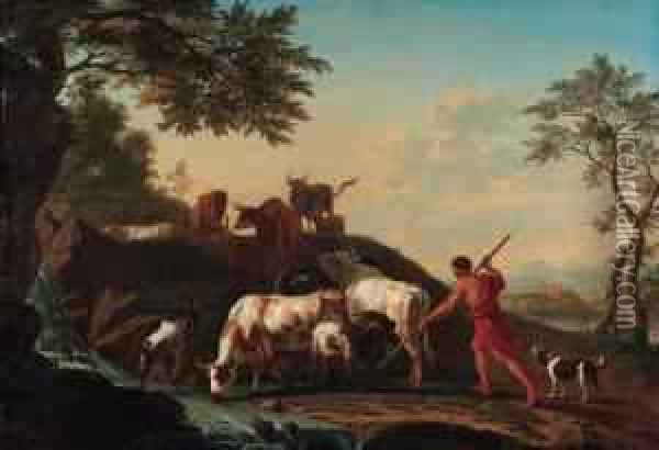 A Herdsman With Cattle And Goats By A Stream; And A Foxhunt Oil Painting - Jan van Gool