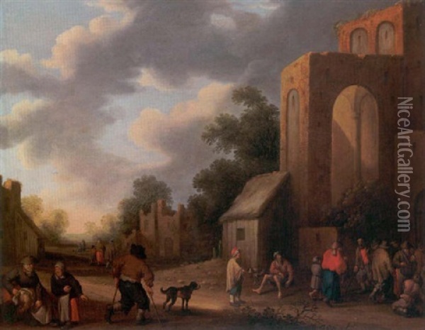 A Village Street Scene With Numerous Peasants In The Foreground Oil Painting - Joost Cornelisz. Droochsloot