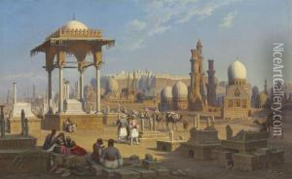 View Of Cairo, The Citatel With The Mamluk Tombs In Theforeground Oil Painting - Hubert Sattler