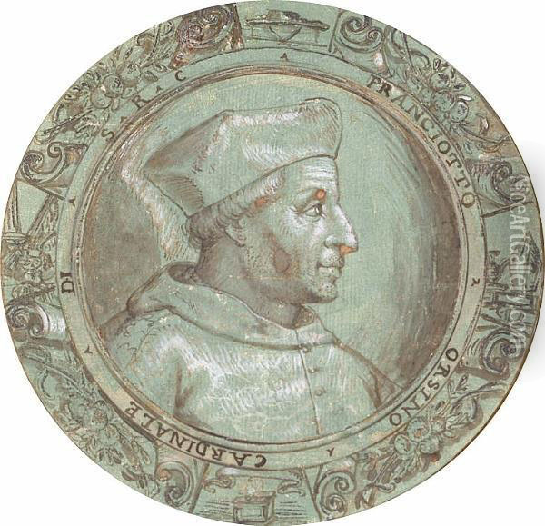 Portrait Head Of Cardinal Franciotto Orsino In Profile To The Right, Set Within A Fictive Circular Decorated Frame Oil Painting - Bernardino Capitelli