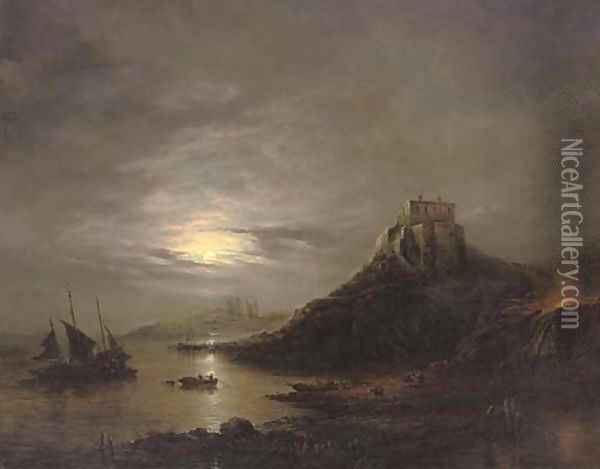 Lindisfarne Castle and Abbey, Holy Island, by moonlight Oil Painting - John Moore Of Ipswich