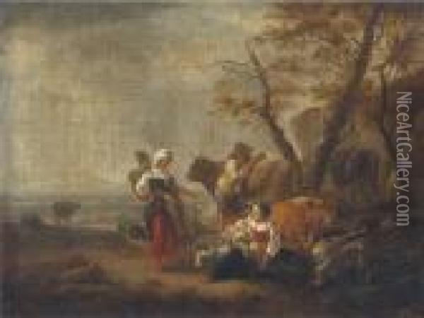 A Shepherd Family At Rest By A Tree Oil Painting - Willem Romeyn