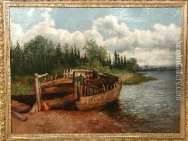 Lakeside Landscape W/old Wooden Boat Oil Painting - William Frefichs