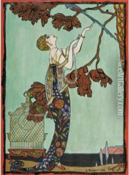 Woman With Parakeet Oil Painting - Georges Barbier