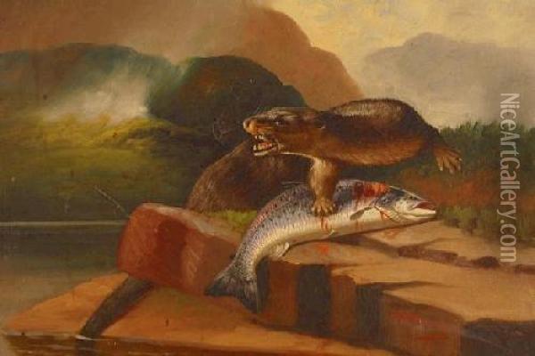 Otter With A Trout By A Highland Lake Oil Painting - John Russell