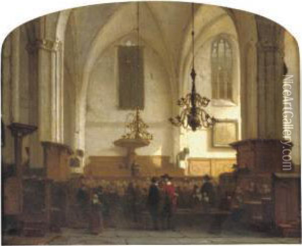In De Buurkerk Te Utrecht: A Service In A Sunlit Church Oil Painting - Jan Jacob Schenkel