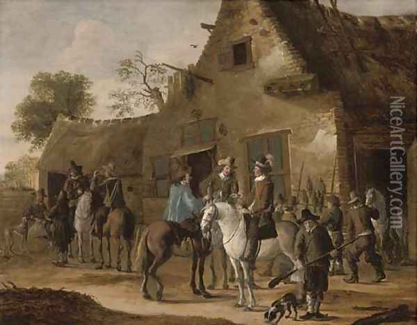 A hawking party at rest by an inn Oil Painting - Cornelis Beelt