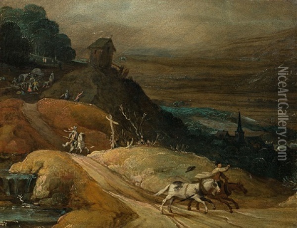 Raid On A Horse-drawn Carriage In The Mountains Oil Painting - Joos de Momper the Younger