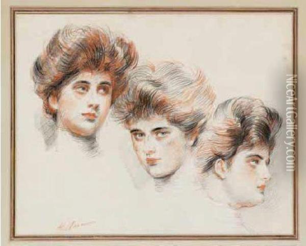 Trois Portraits D'yvonne Avollee Oil Painting - Paul Cesar Helleu