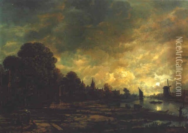 A Canal By Moonlight Oil Painting - Aert van der Neer