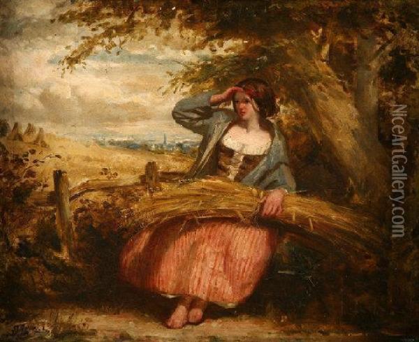 A Mid-day Rest - Peasant Girl With Wheat Sheaf By A Stile Oil Painting - John Linnell